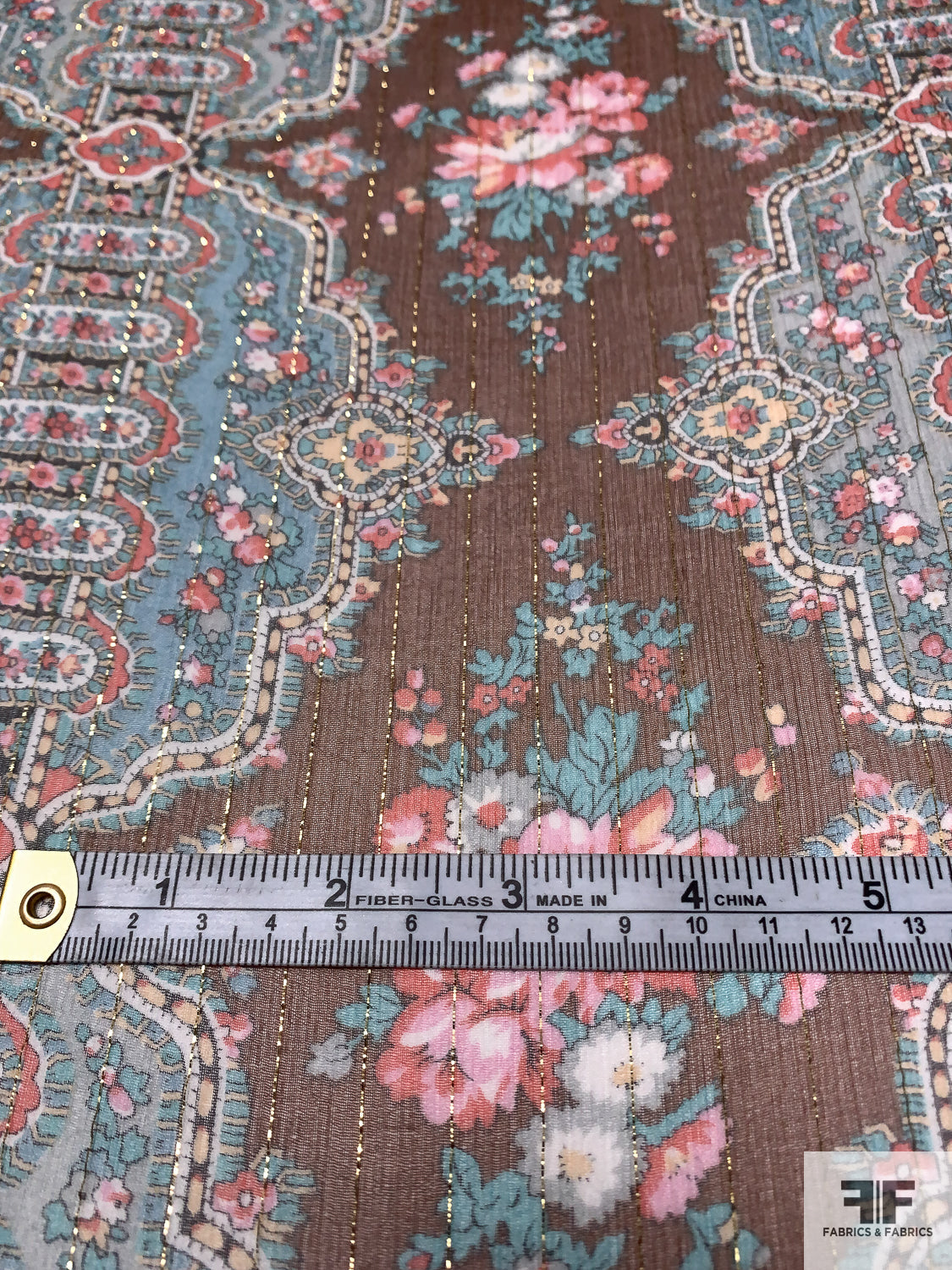 Antique Rug Inspired Printed Silk Chiffon with Lurex Pinstripes - Turquoise / Coral / Saddle Brown / Gold
