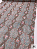 Antique Rug Inspired Printed Silk Chiffon with Lurex Pinstripes - Turquoise / Coral / Saddle Brown / Gold