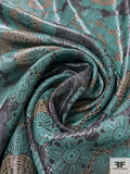 Medallion Floral Printed Silk Chiffon with Lurex Pinstripes - Jade / Tan / Black / Silver