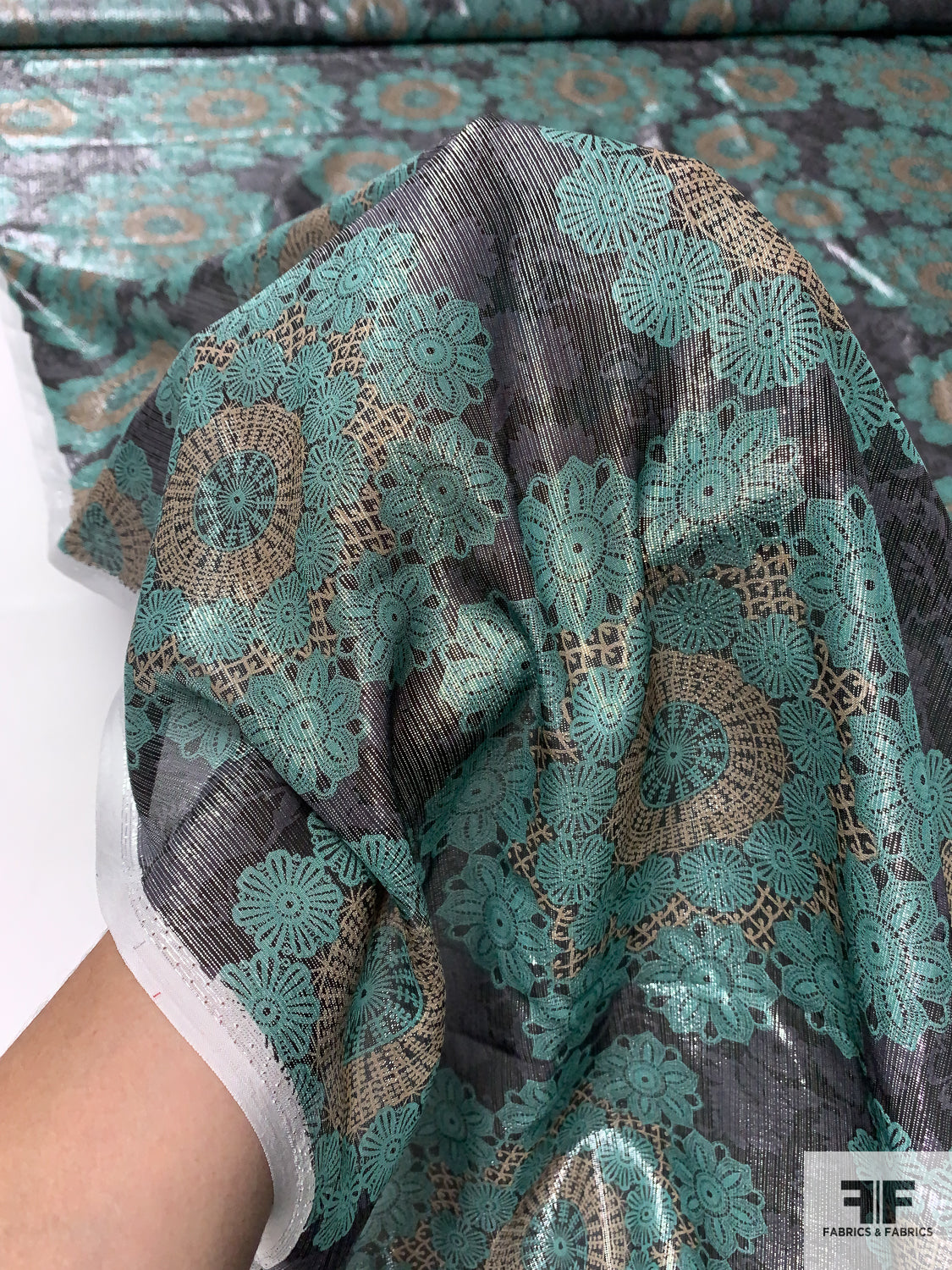 Medallion Floral Printed Silk Chiffon with Lurex Pinstripes - Jade / Tan / Black / Silver