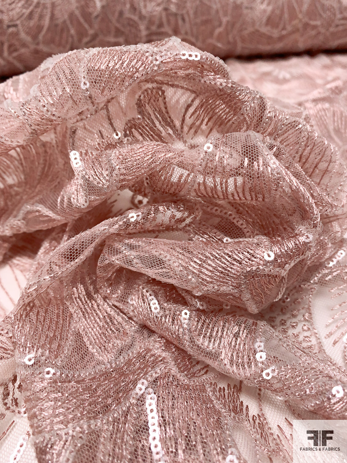 Floral Embroidered Tulle with Sequins - Dusty Nude-Pink