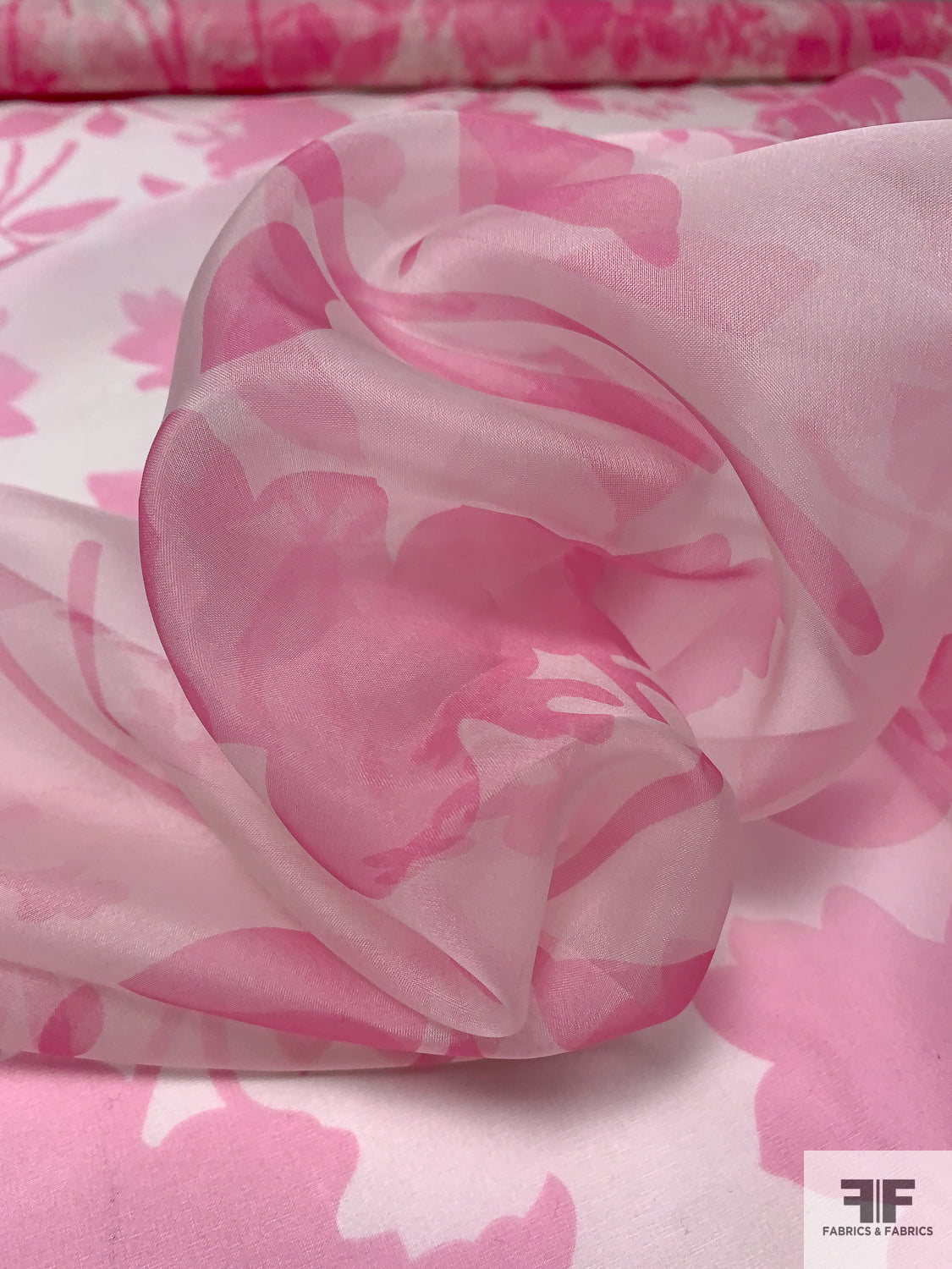Floral Silhouette Printed Silk Organza - Pink / Off-White