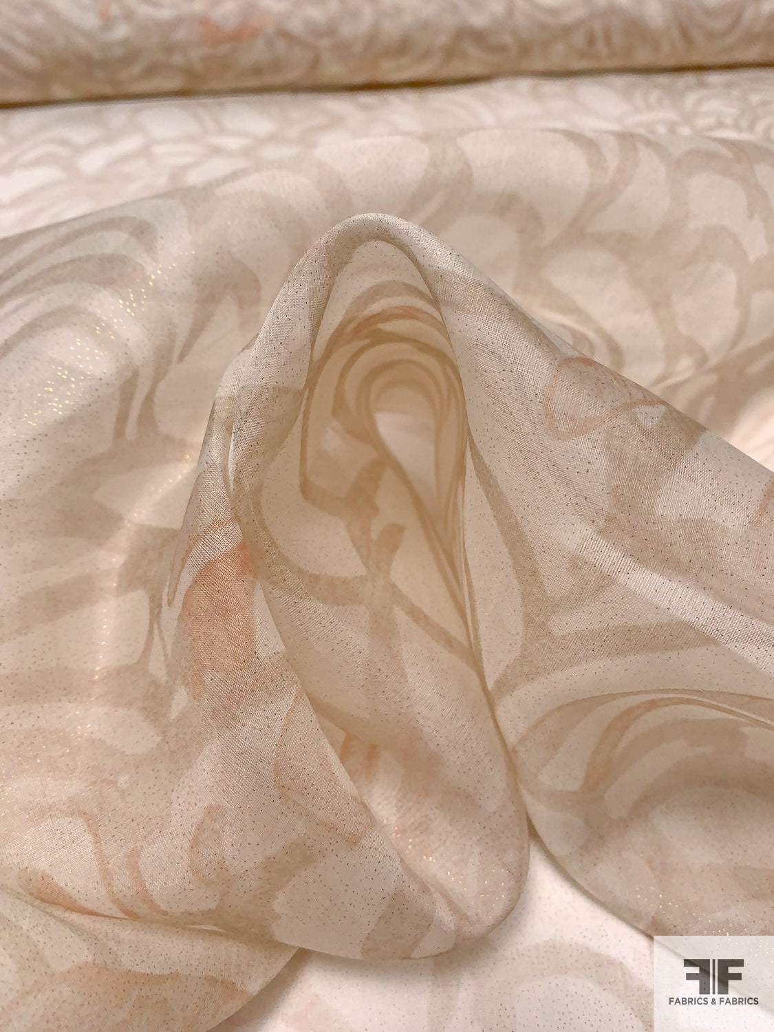 Painterly Hills Printed Silk Organza with Speckly Foil Print - Tan  Mist/Ivory/Gold
