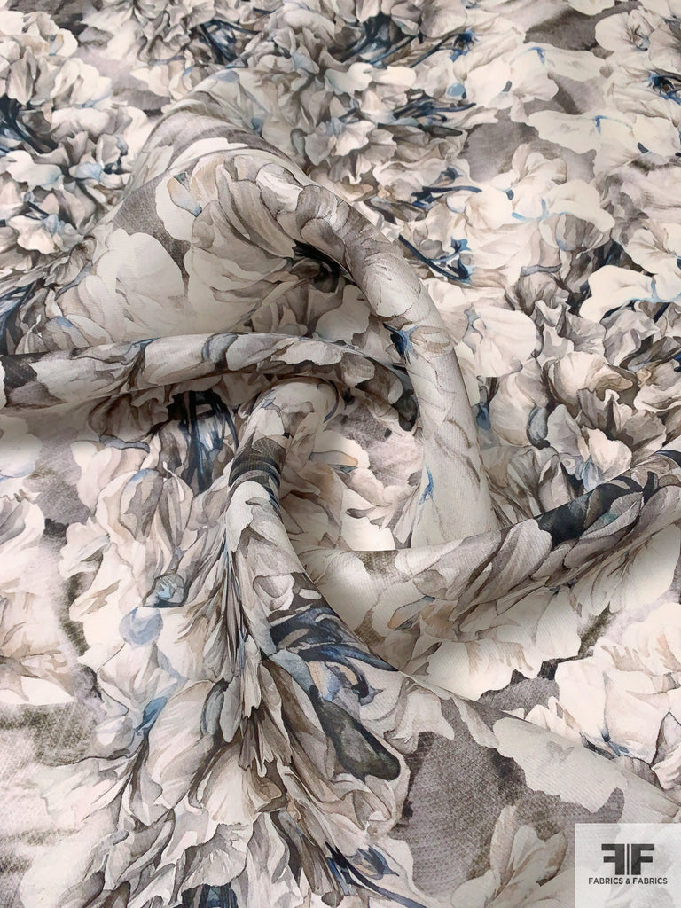 Evocative Floral Printed Silk Gazar Greys/Blue FABRICS & FABRICS