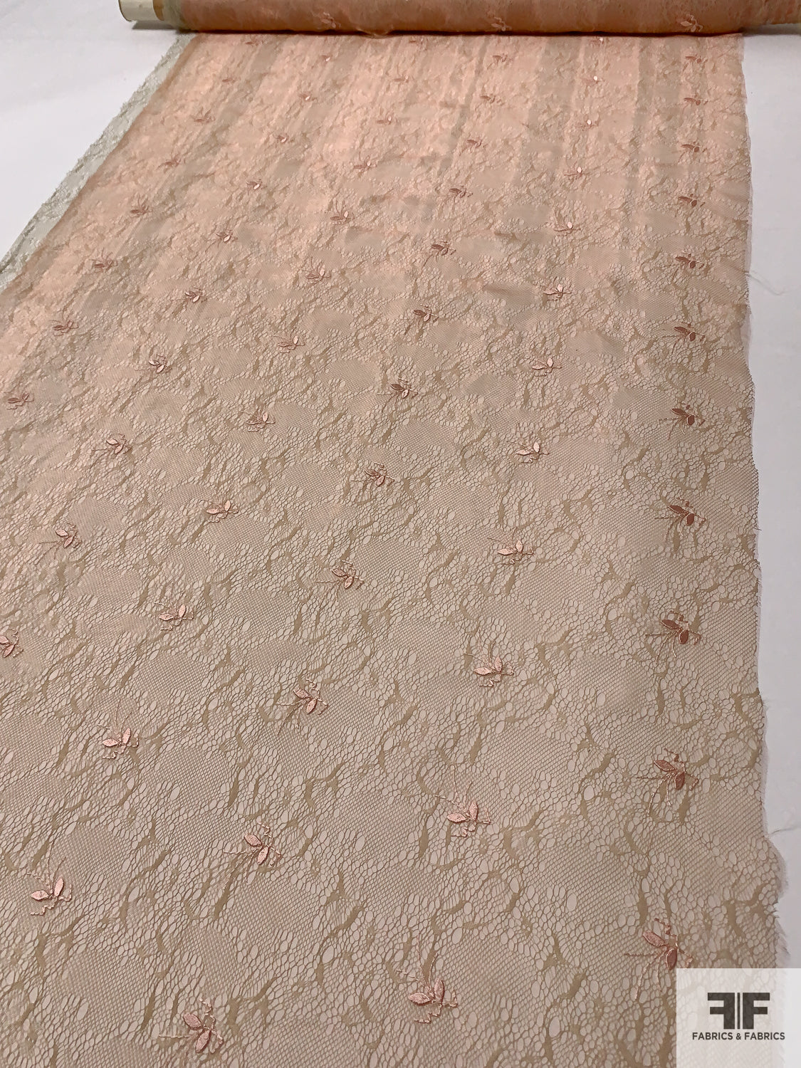 Embroidered Metallic Organza with Stitched on Lace - Rose Gold / Beige