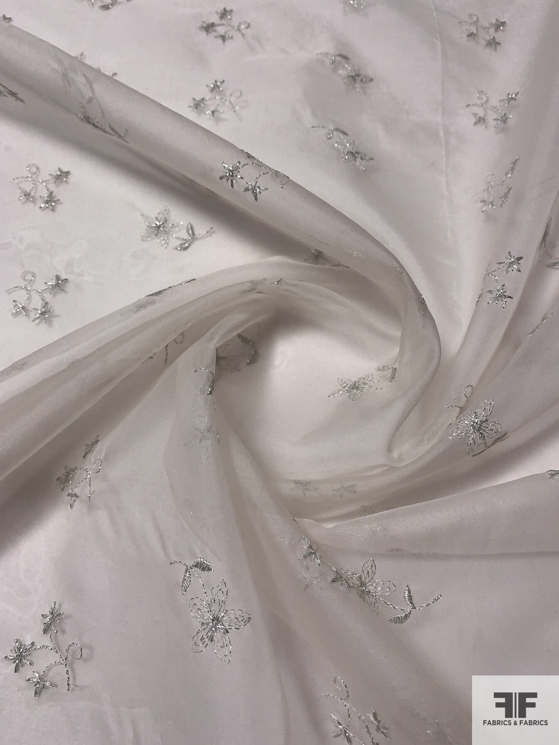 Floral Embroidered Silk Organza with Lurex Detailing -  Off-White/White/Silver