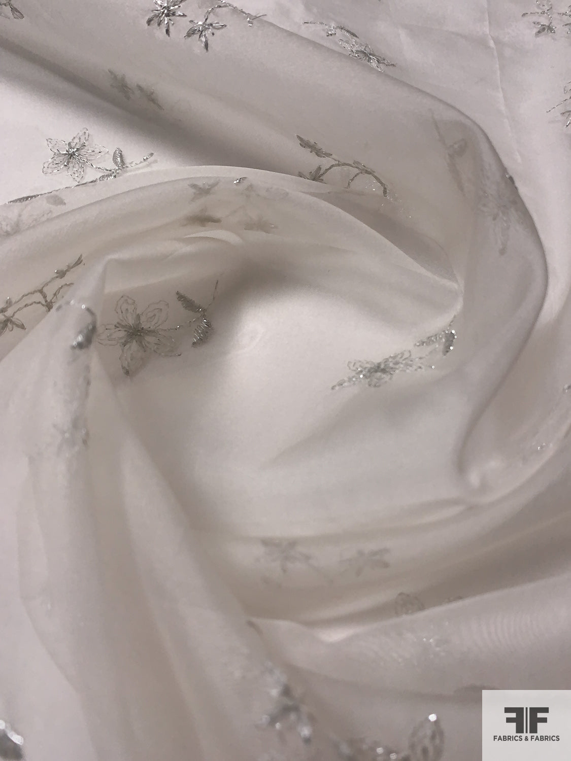 Floral Embroidered Silk Organza with Lurex Detailing - Off-White / White / Silver