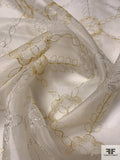 Floral and Leaf Embroidered Silk Organza with Lurex Detailing - Ivory / Silver / Gold