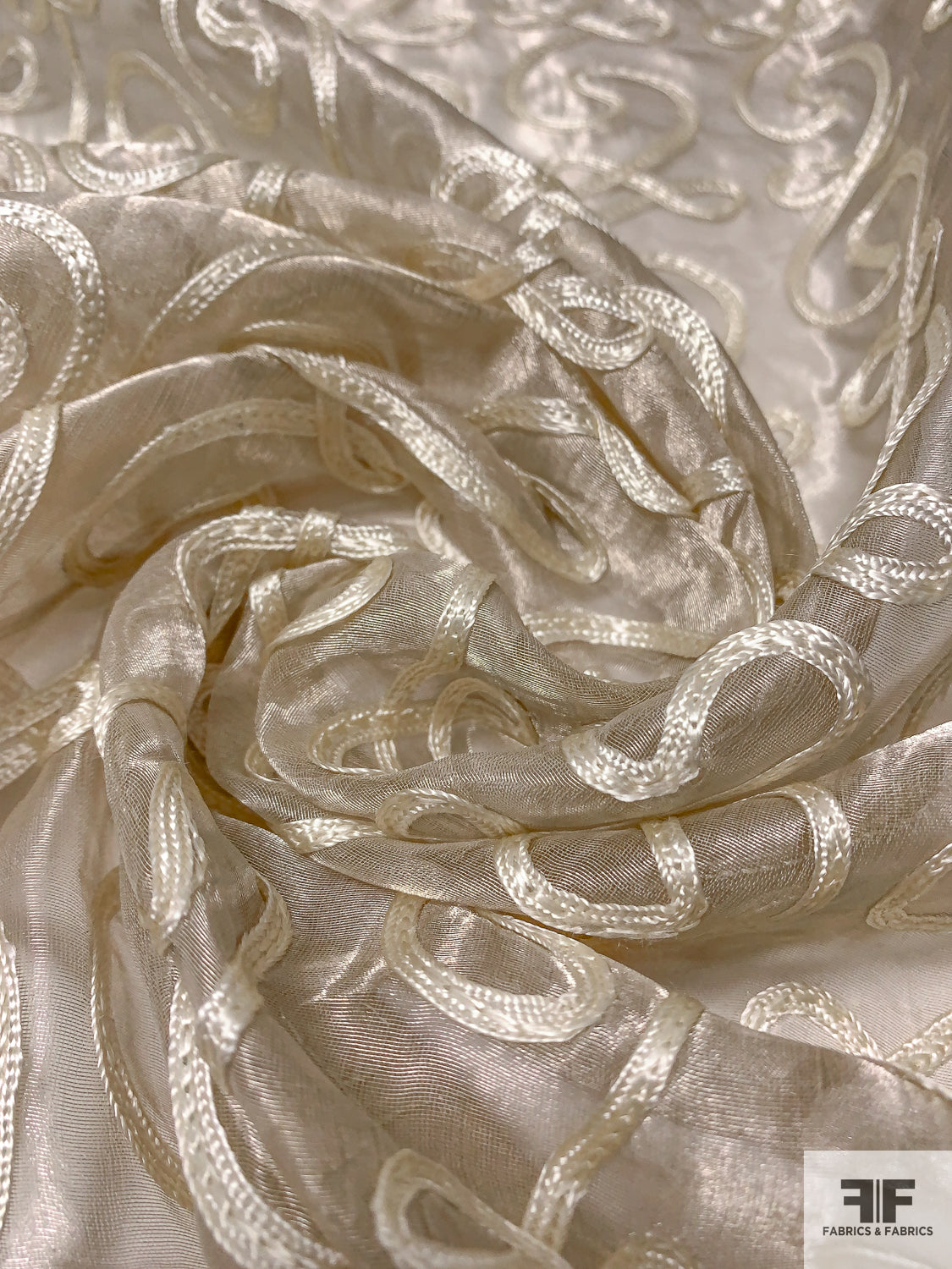 Metallic Silk Organza with Swirl Pattern Ribbon Design - Ivory / Taupe