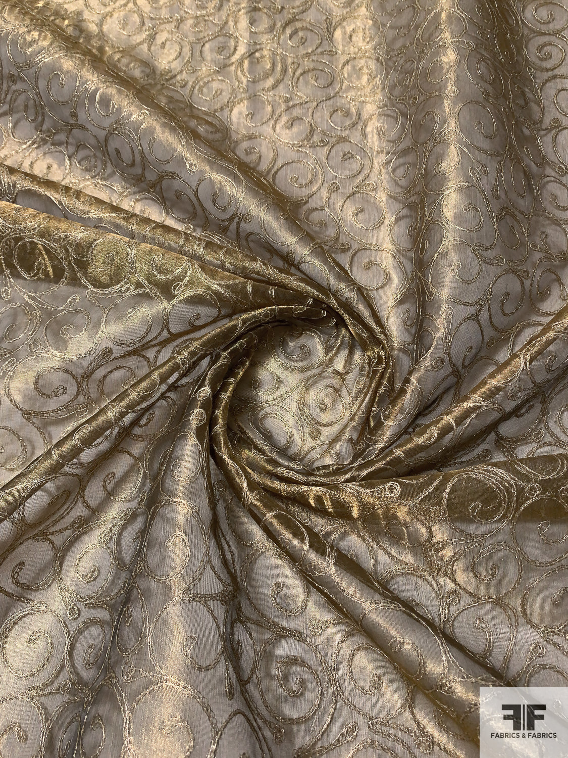 Metallic Organza with Swirl Metallic Thread Embroidery - Brass / Gold