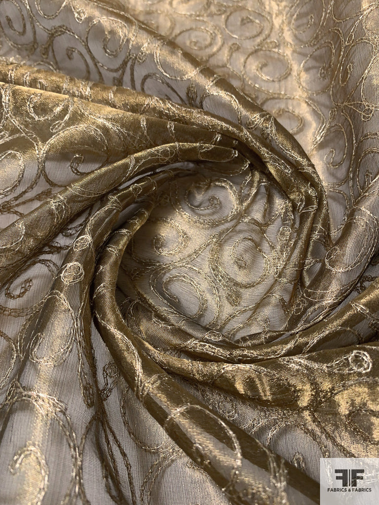 Swirling Threads Metallic Organza with Swirl Metallic Thread Embroidery - Brass/Gold ...