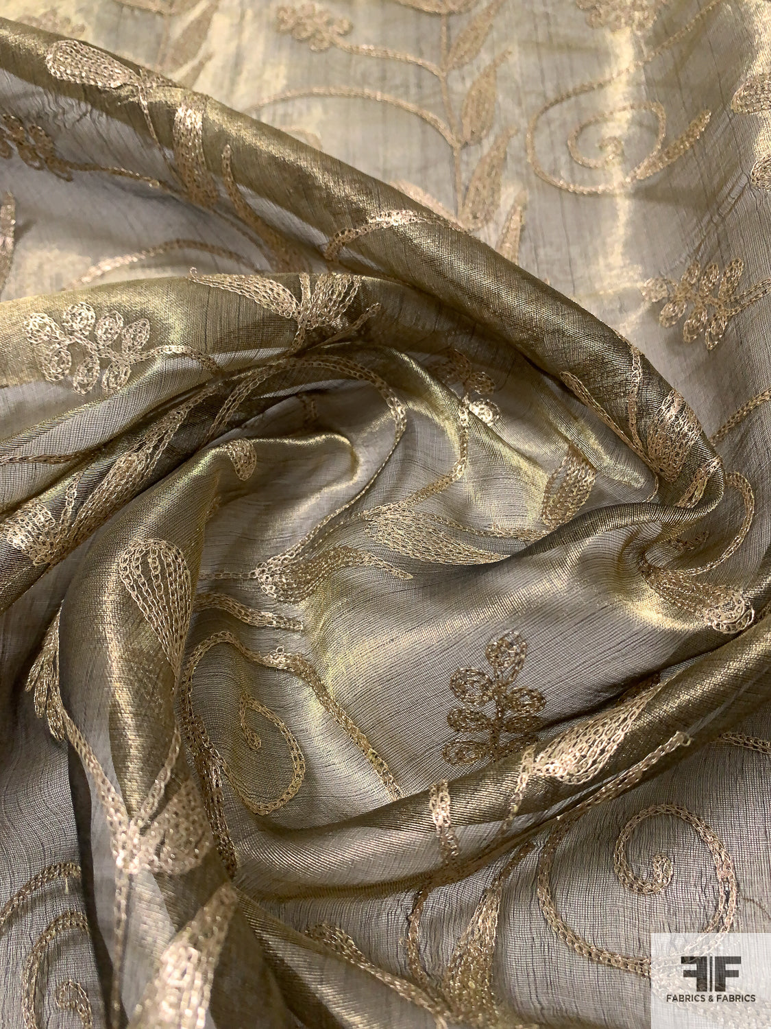 Old Golden Vine With Scalloped Border Embroidered Nylon Organza Fabric –  Fashion Fabrics Club