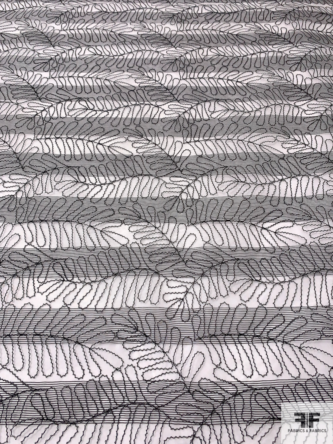 Striped and Fern Leaf Embroidered Silk Organza - Off-White / Black