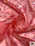 Painterly Pixel Grid Printed Silk Organza - Coral Pink / Berry Pink / Off-White