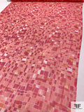 Painterly Pixel Grid Printed Silk Organza - Coral Pink / Berry Pink / Off-White
