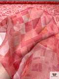 Painterly Pixel Grid Printed Silk Organza - Coral Pink / Berry Pink / Off-White
