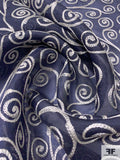 Swirl Design Corded Silk Organza - Navy / Light Ivory