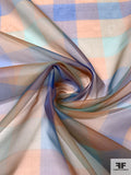 Plaid Printed Silk Organza - Peach / Blue / Seafoam Green