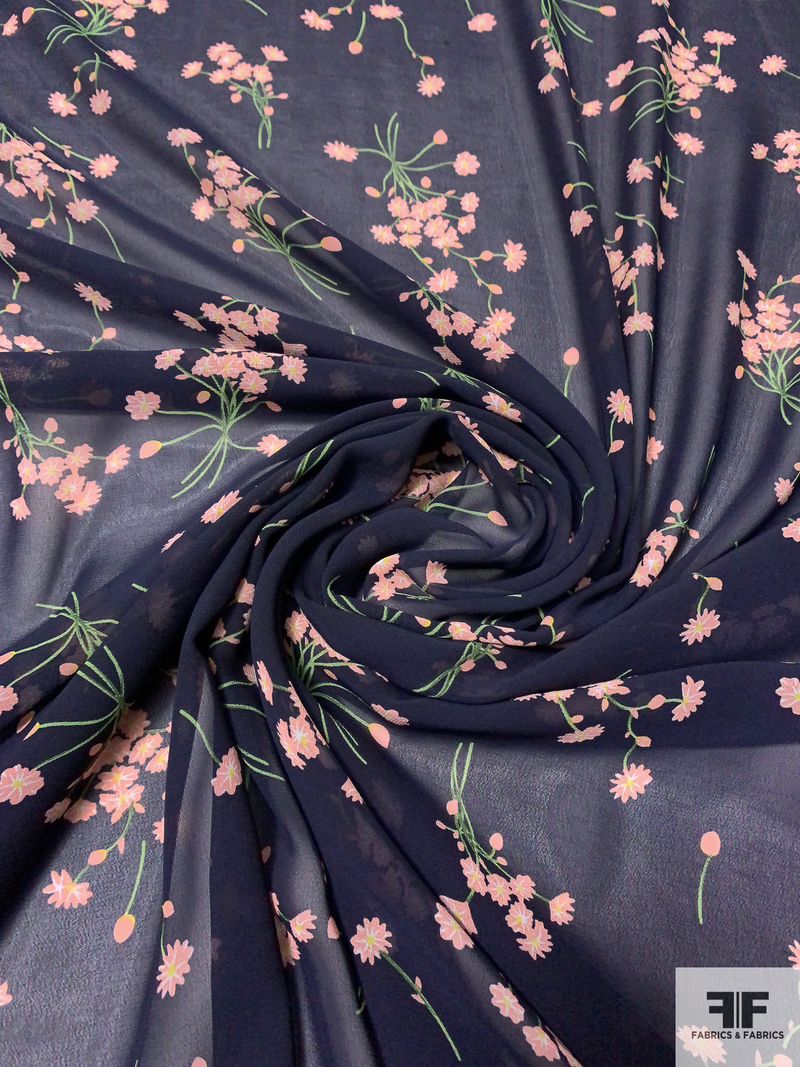 Floral Printed Polyester Chiffon - Navy/Dusty Pink/Green Floral Printed Polyester Chiffon - Navy/Dusty Pink/Green