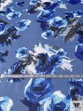 Painterly Floral Printed Polyester Satin Organza - Blue / Black / White