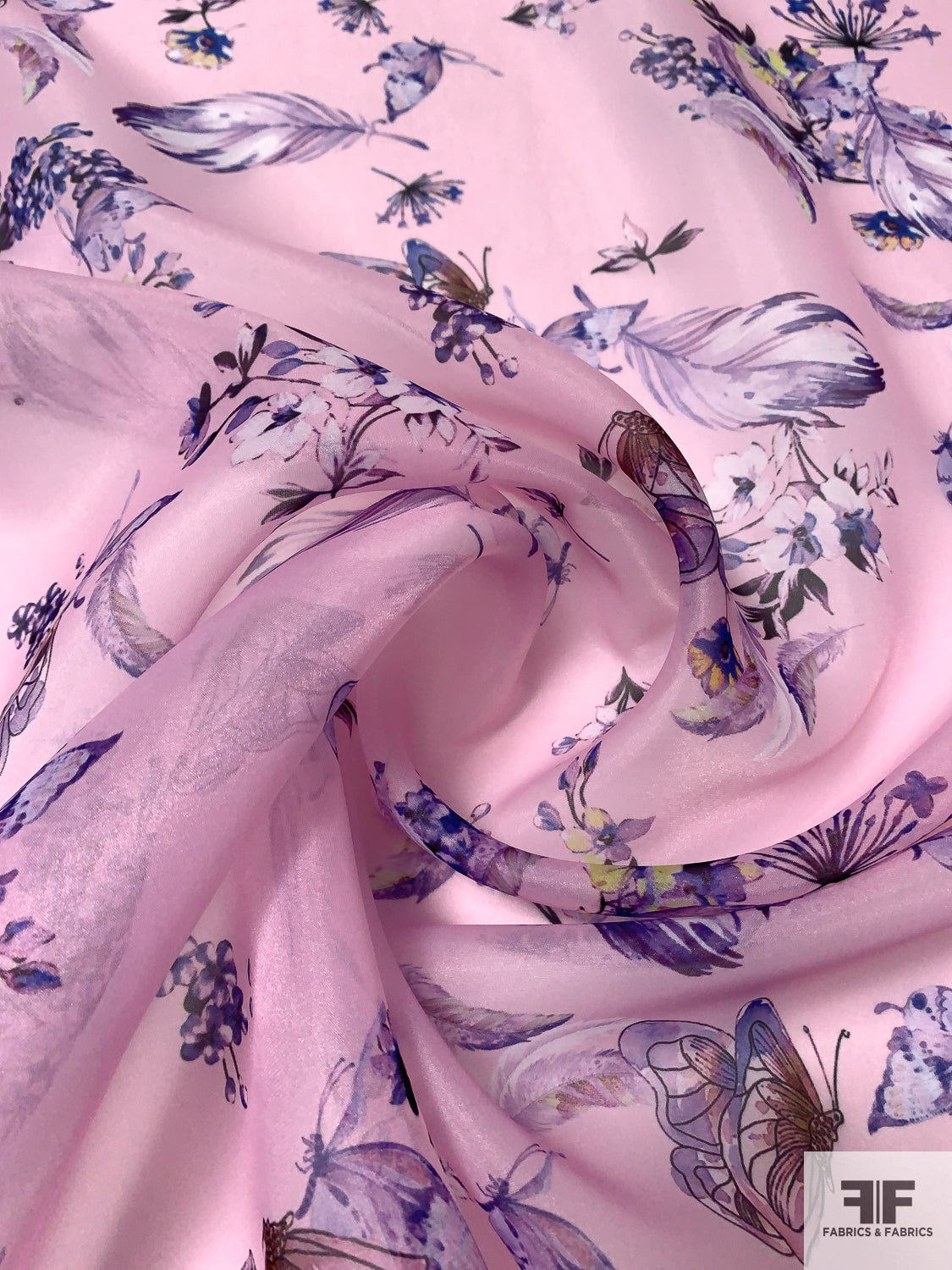 Floral and Butterfly Printed Polyester Satin Organza - Pink / Purples / Black / White