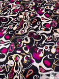 Googly Marble Pattern Printed Silk Charmeuse - Black / Magenta / Warm Yellow