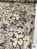 Tropical Floral and Leaf Printed Silk Charmeuse - Slate Green / Cream / Black