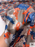 Amoeba Inspired Printed Silk Charmeuse - Navy / Orange / Clay Grey