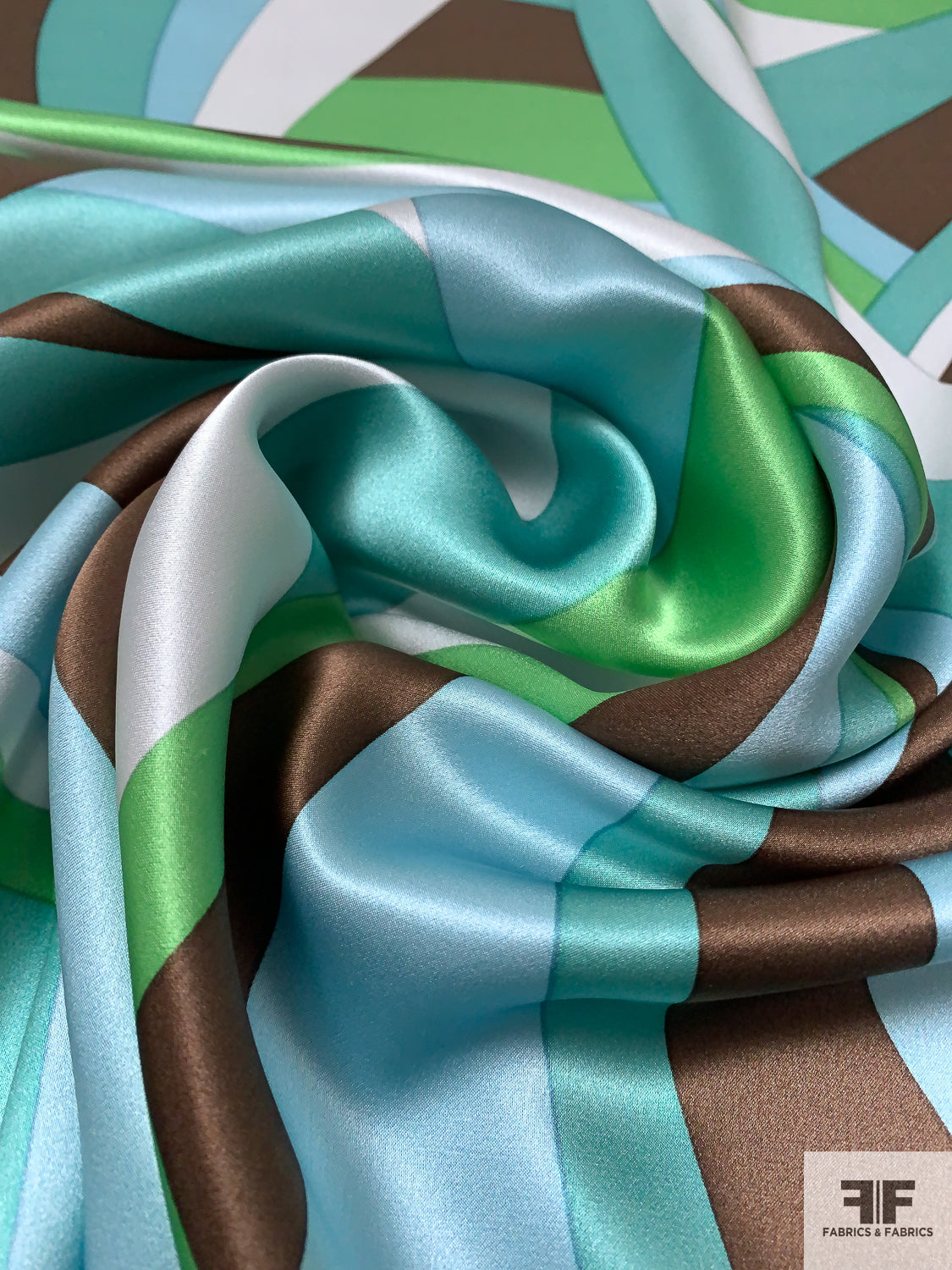 Pucci-esque Wavy Striations Printed Silk Charmeuse - Aquamarine / Green / Brown