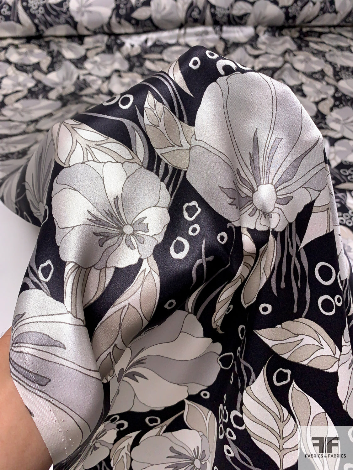 Billowing Floral Printed Silk Charmeuse - Black/Shades of Grey | FABRICS & FABRICS Fabrics & Fabrics Billowing Floral Printed Silk Charmeuse - Black/Shades of Grey | FABRICS & FABRICS Fabrics & Fabrics