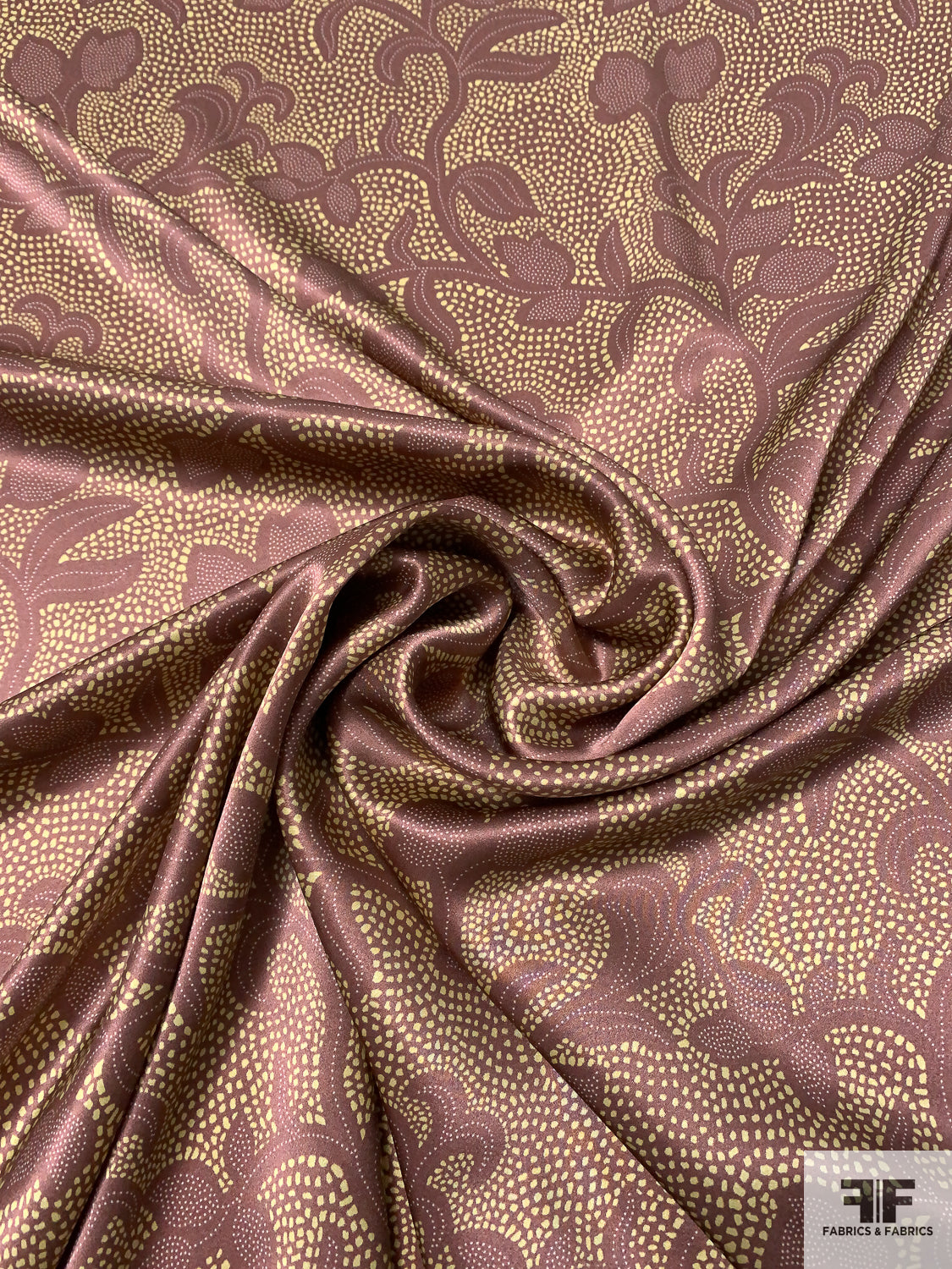 Leaf Vines and Dotted Printed Silk Charmeuse - Brown-Mauve / Citrus Green / Baby Pink