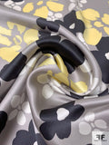 Painterly Floral Petals Printed Silk Charmeuse - Grey / Black / Soft Yellow / Off-White