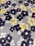 Painterly Floral Petals Printed Silk Charmeuse - Grey / Black / Soft Yellow / Off-White