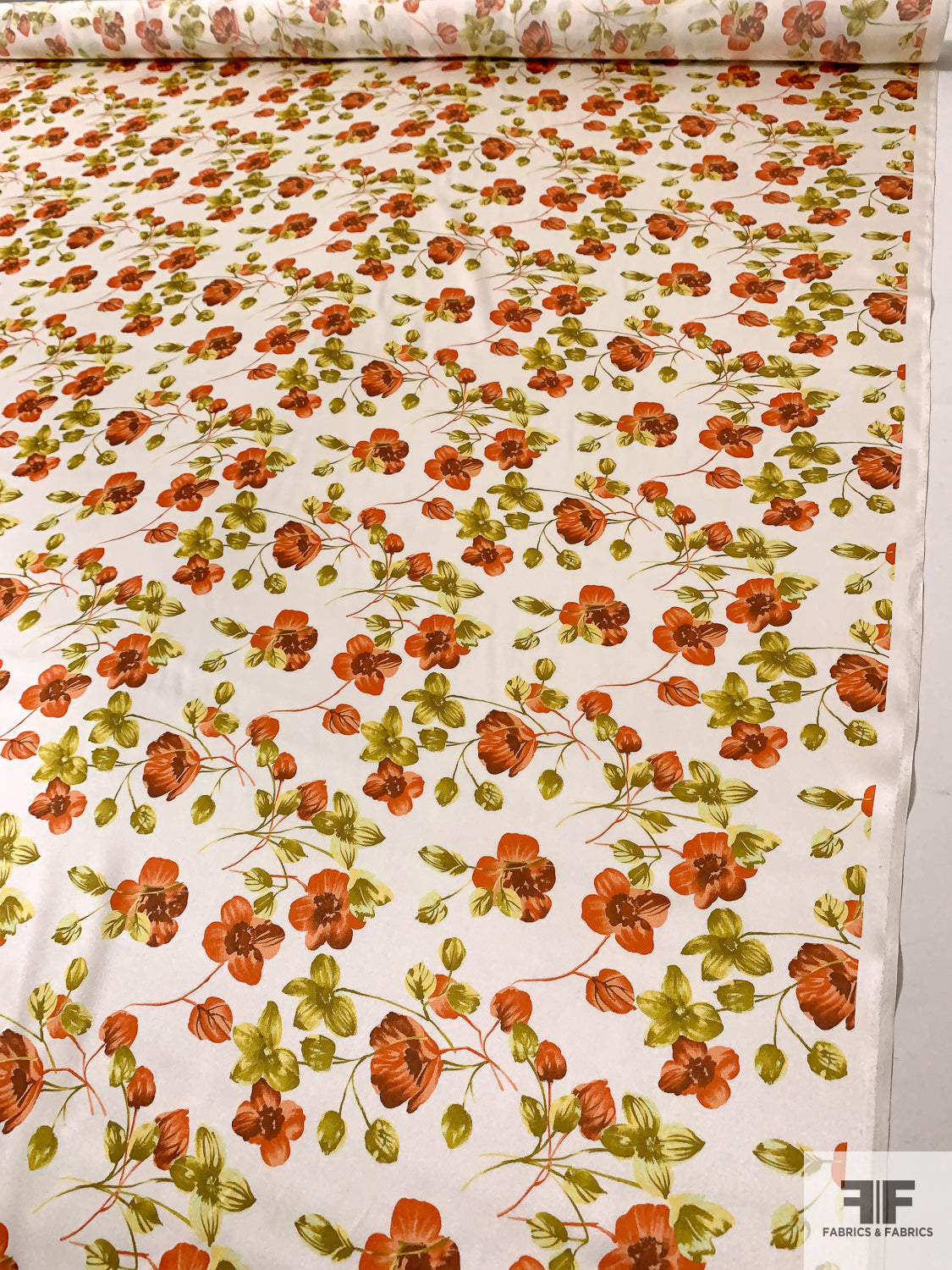 Floral Printed Silk Charmeuse - Orange / Olive Green / Light Ivory