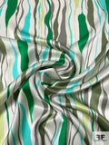 Wavy Drip Striations Printed Silk Charmeuse - Greens / Grey / Aquamarine / Off-White