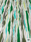 Wavy Drip Striations Printed Silk Charmeuse - Greens / Grey / Aquamarine / Off-White