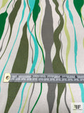 Wavy Drip Striations Printed Silk Charmeuse - Greens / Grey / Aquamarine / Off-White