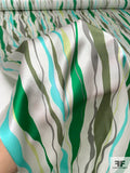 Wavy Drip Striations Printed Silk Charmeuse - Greens / Grey / Aquamarine / Off-White