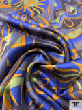 Ethno-Geometric Inspired Printed Silk Charmeuse - Dark Periwinkle / Turmeric / Olive / Greys