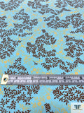Ditsy Leaf Stems Printed Silk Crepe de Chine - Clearwater Blue / Brown / Butter Yellow