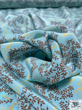 Ditsy Leaf Stems Printed Silk Crepe de Chine - Clearwater Blue / Brown / Butter Yellow