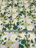 Argyle Plaid and Floral Vines Printed Silk Charmeuse - Greens / Soft Yellow / Sky Blue