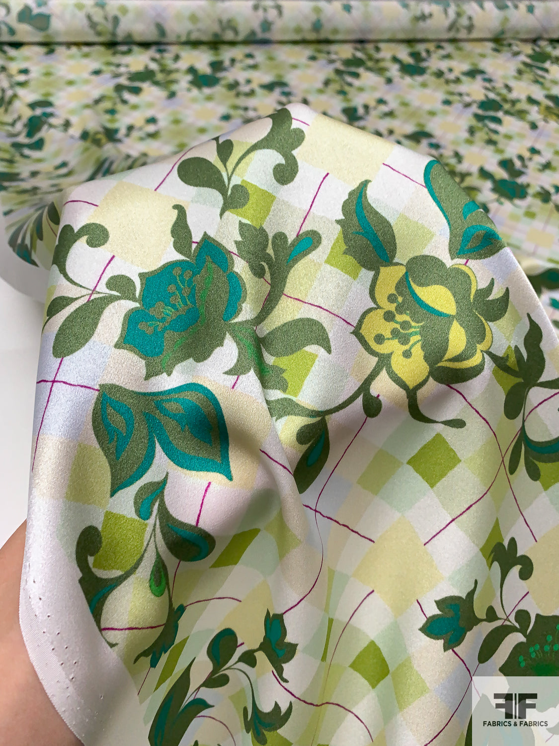 Argyle Plaid and Floral Vines Printed Silk Charmeuse - Greens / Soft Yellow / Sky Blue
