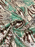 Paisley and Animal Pattern Printed Silk Charmeuse - Cream / Brown / Black / Shamrock Green