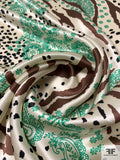 Paisley and Animal Pattern Printed Silk Charmeuse - Cream / Brown / Black / Shamrock Green