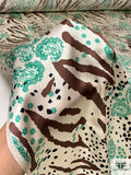 Paisley and Animal Pattern Printed Silk Charmeuse - Cream / Brown / Black / Shamrock Green