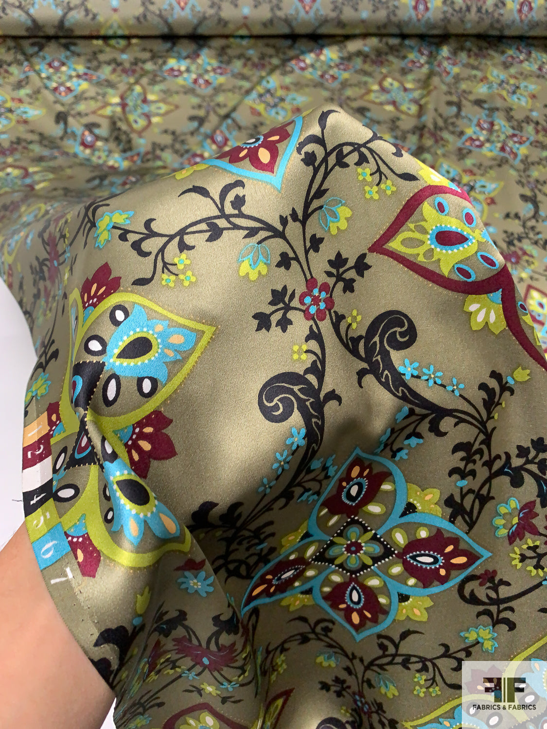 Ornate Vines and Clovers Silk Charmeuse - Olive Green/Maroon/Black/Aqua | FABRICS & FABRICS Fabrics & Fabrics Ornate Vines and Clovers Silk Charmeuse - Olive Green/Maroon/Black/Aqua | FABRICS & FABRICS Fabrics & Fabrics