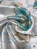 Floral Medallion and Dot-Paisley Printed Silk Charmeuse - Turquoise / Orange / Green / Off-White