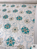 Floral Medallion and Dot-Paisley Printed Silk Charmeuse - Turquoise / Orange / Green / Off-White