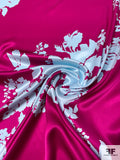 Floral Bouquet Silhouette Printed Silk Charmeuse - Berry Magenta / Icy Sky Blue